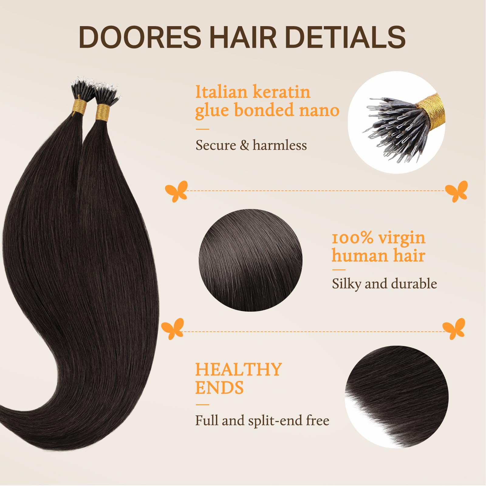 DOORES Nano Ring Hair Extensions, Dark Brown 20 Inch 50g 50s, Cold Fusion Nano Hair Extensions Real Human Hair Invisible - Image 3