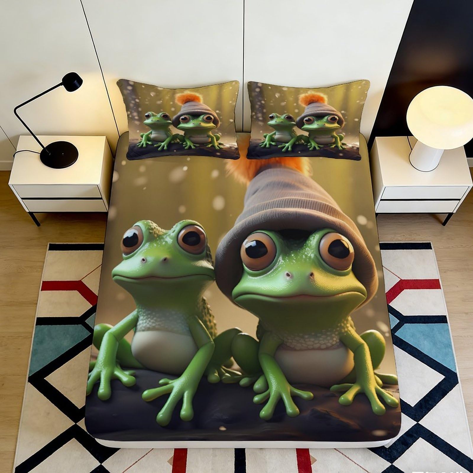 3D Printed Cartoon Frog Fitted Sheet Microfiber Anti-Slip Green Frog Hat Mattress Cover Bedroom Dorm Room Decor 120x200x25cm
