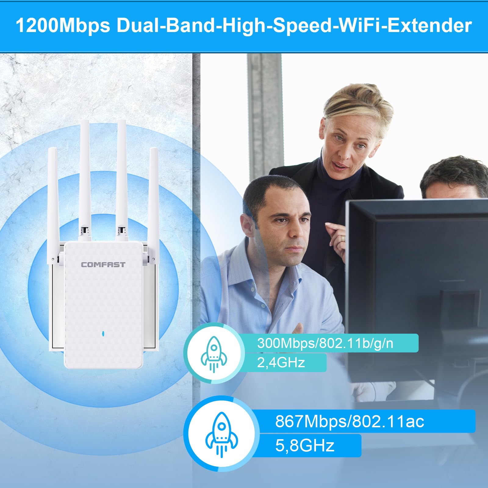 COMFAST WLAN-Verstärker, WLAN Repeater 1200 Mbit/s Doppelband mit 4 Antennen, 1 Ethernet-Port, WPS & MU-MIMO, Modi Repeater/Router/AP, Signalanzeige, Stabiler Netzausbau ideal für Wohnhaus und Büro