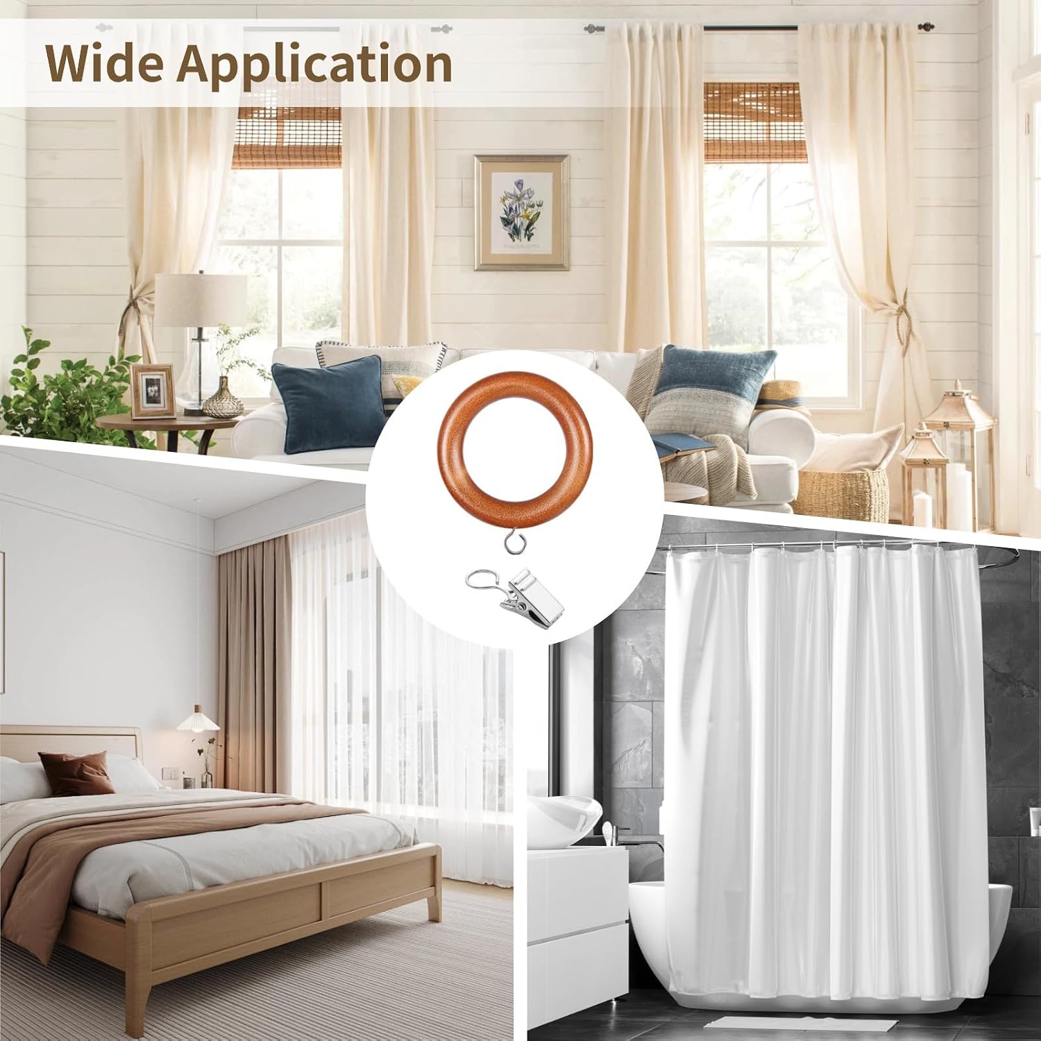 48 Pcs Curtain Rings with Clips Set, 1.77 in Wood Drapery Rings, 24 Teak Rings with Hooks & 24 Silver Clips