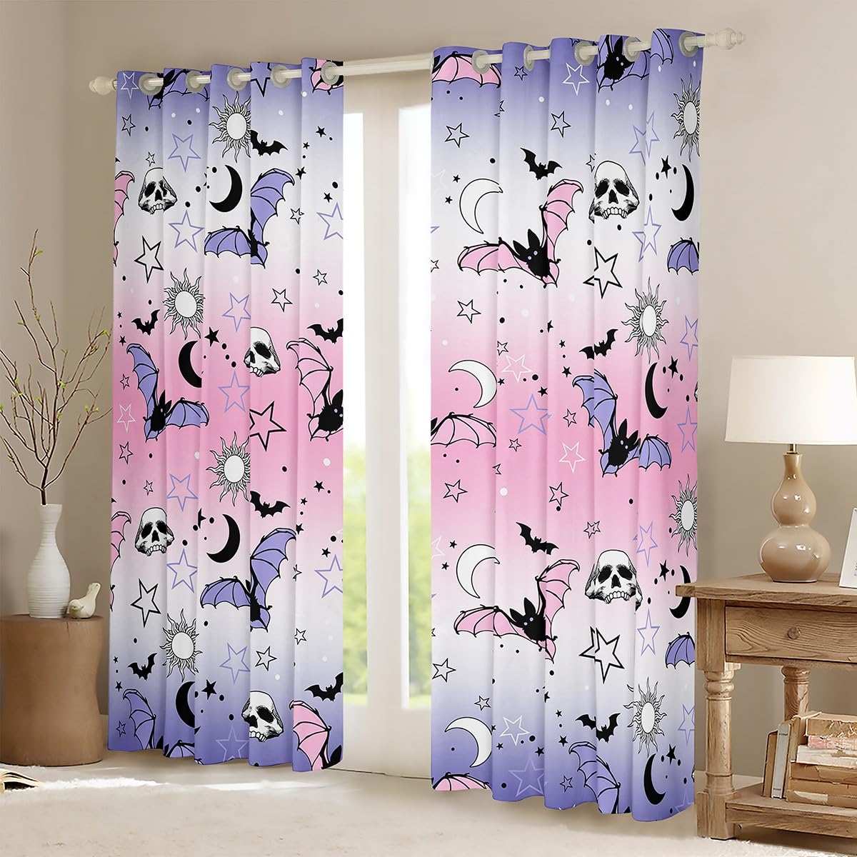 Kids Halloween Bat Skull Decorations Curtains Stars Moon Galaxy 30%-50% Blackout Window Curtains Bedroom Toddlers Teens Gradient Pastel Pink Purple Window Drapes Treatments Cute, 42W X 84L,2 Panels