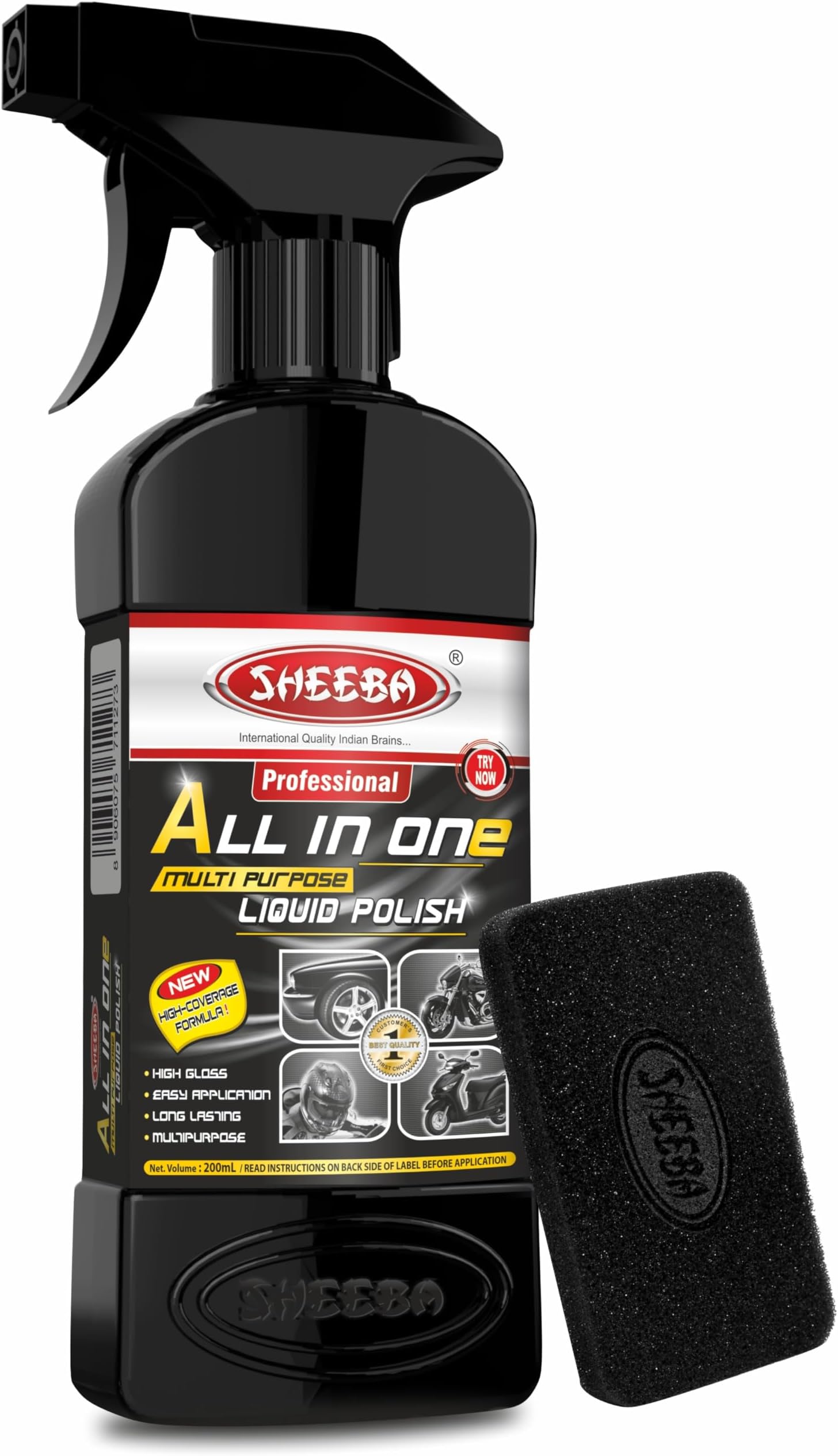 SHEEBA All in One Multipurpose Liquid Polish for Car, Motorbike, Scooter, Household, Office Care | High Gloss | Easy Application | For Interior & Exterior Surfaces -200mL with Applicator Pad.