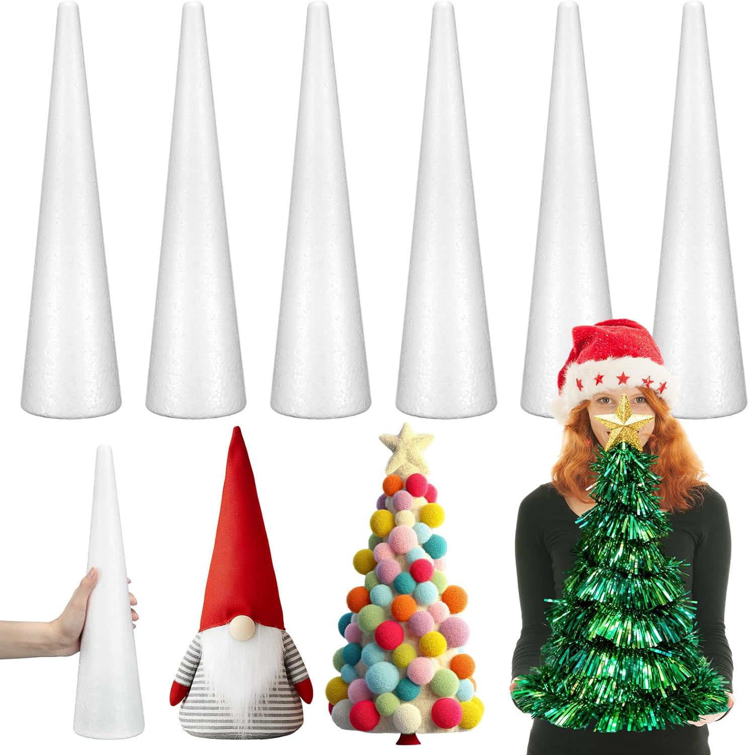 Pangda 6 Pack Large Foam Cones for DIY Crafts 15 x 3.8 Inch White Polystyrene Floral Tree Foam Cones for Holiday DIY Arts Project Wedding Birthday Table Centerpiece and Floral Arrangement Supplies