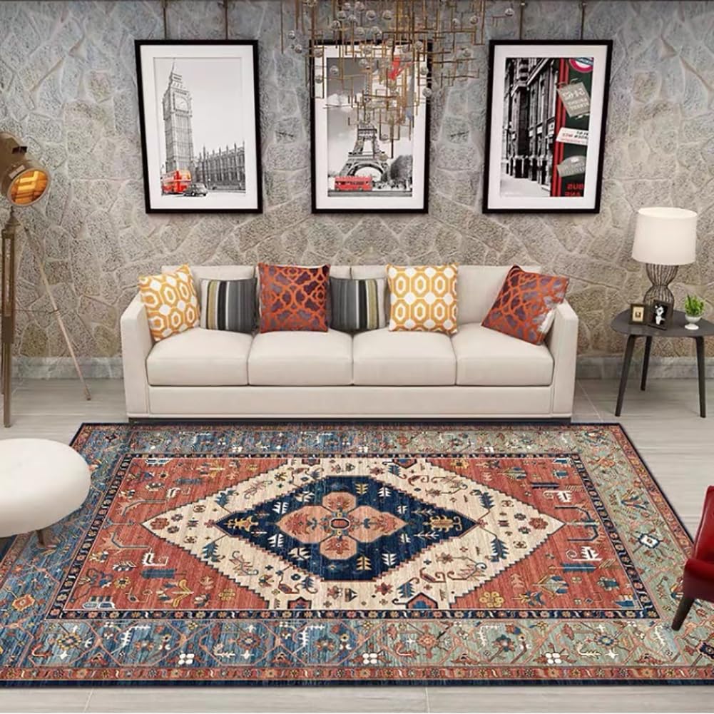 Tapis de salon vintage rouge 160x230 cm lavable et antidérapant pour intérieur rétro