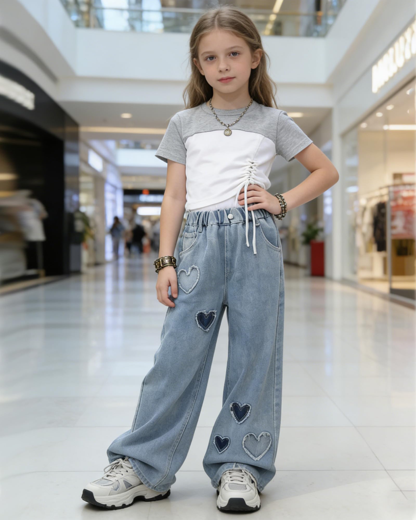 SANGTREE Girls Wide Leg Jeans Elastic Waist Denim Pants Baggy Jeans for Girls, 6-14 Years