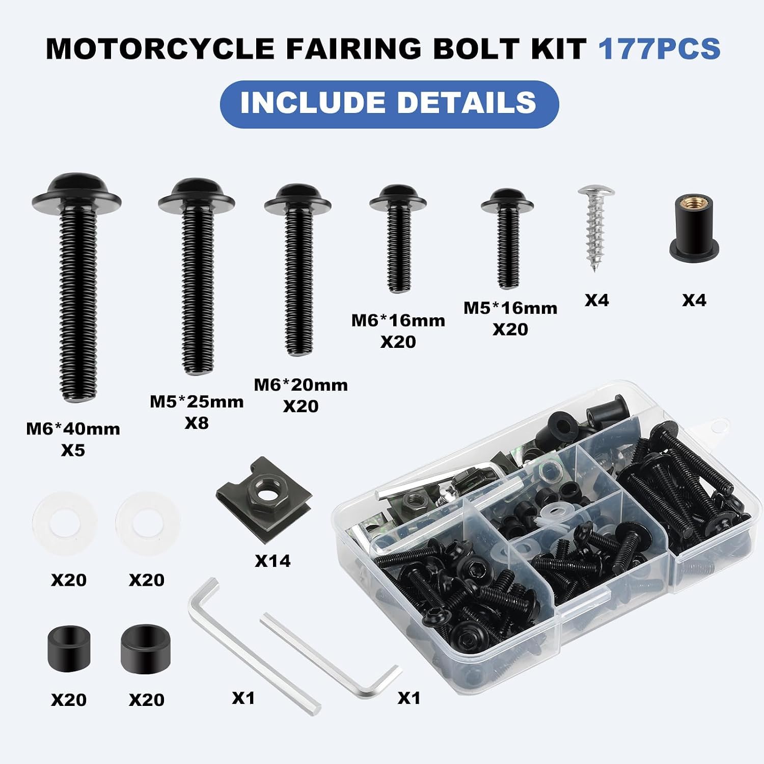Motorcycle Fairing Bolt Kit, 177Pcs M5 M6 Stainless Steel Windscreen Screws and Nut Cushion Ring Universal Fit for Kawasaki for Suzuki for Honda for Yamaha for BMW for Ducati