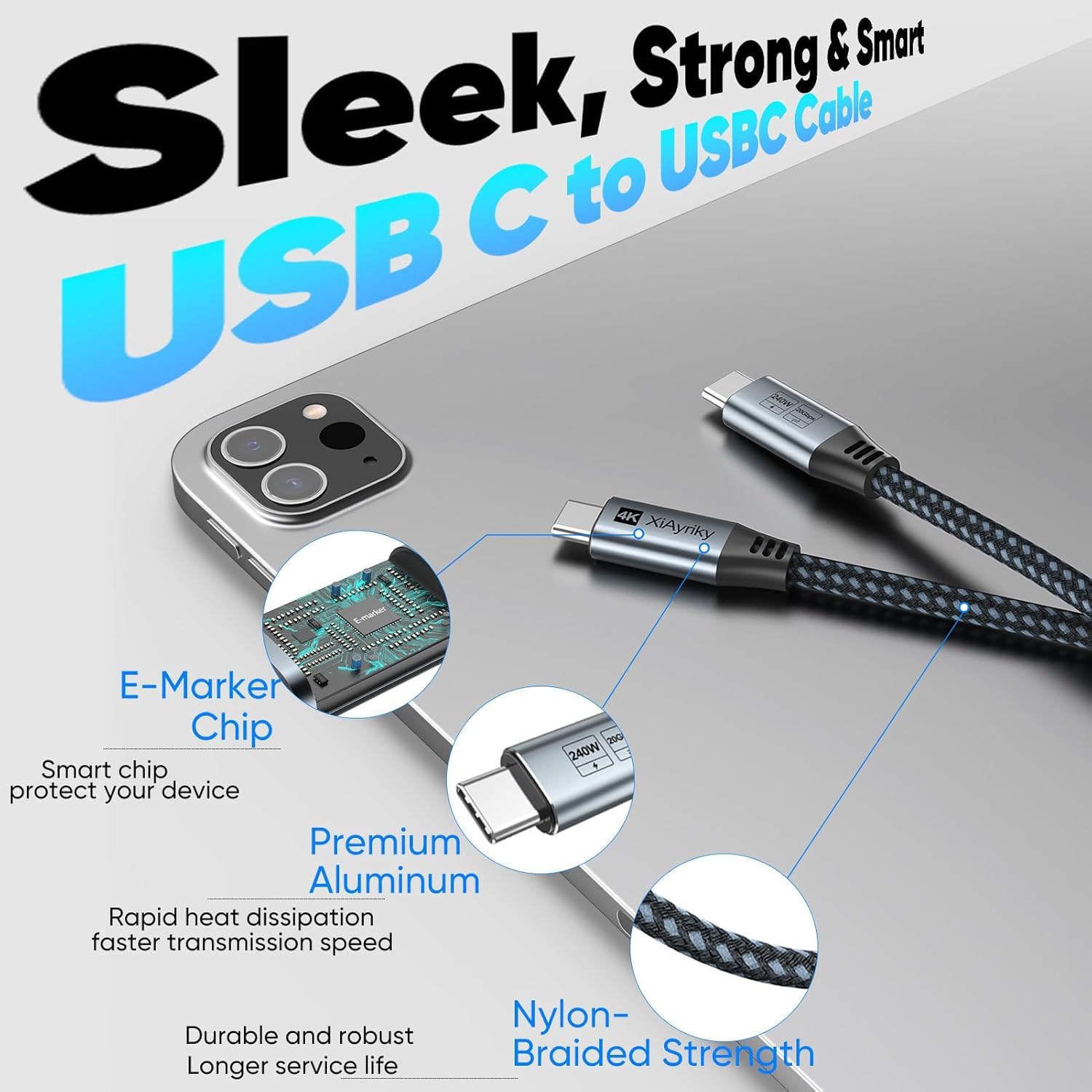 USB C Data Cable 3FT, 4K@144Hz, 20Gbps, 240W Fast Charging image 2
