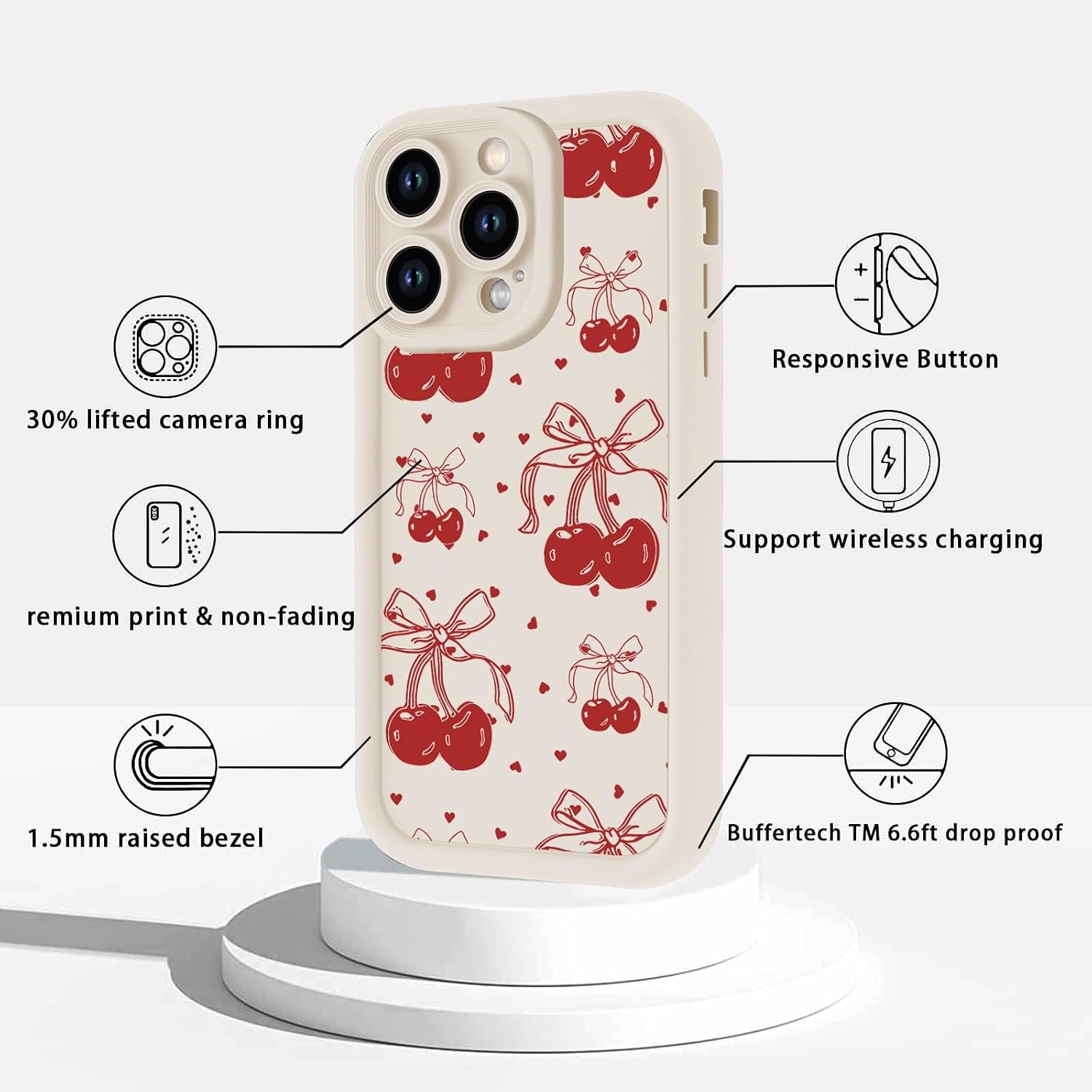 2 Pack Cherry Phone Case for iPhone 11 Pro MAX 6.5",Cute Aesthetic Cases Kawaii Bow Design Print Cover for Girls Women,Beige Soft Anti-Scratch Shockproof Protection Funda for iPhone 11 Pro MAX image 4