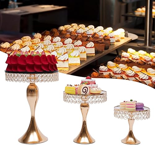 3 Pcs Cake Stands, Gold Metal Cupcake Holder with Mirror Round Dessert Tray Display Plate Serving Tray for Wedding Birthday Party Baby Shower