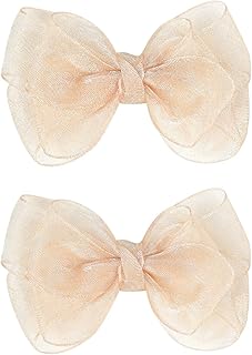 3.5-Inch Organza Hair Bows for Girls - Elegant Sheer Ribbon Alligator Clips for Toddlers, Kids, and Teens - Pack of 2, Champagne Gold