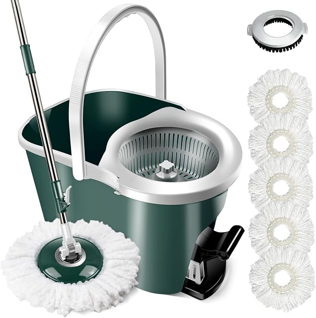 MASTERTOP Spin Mop and Bucket with Wringer Set, Mop Bucket Cleaning System with Foot Pedal, 360°Rotation, 5 Microfiber Mop Pads, 1 Brush Head, Hardwood Floor