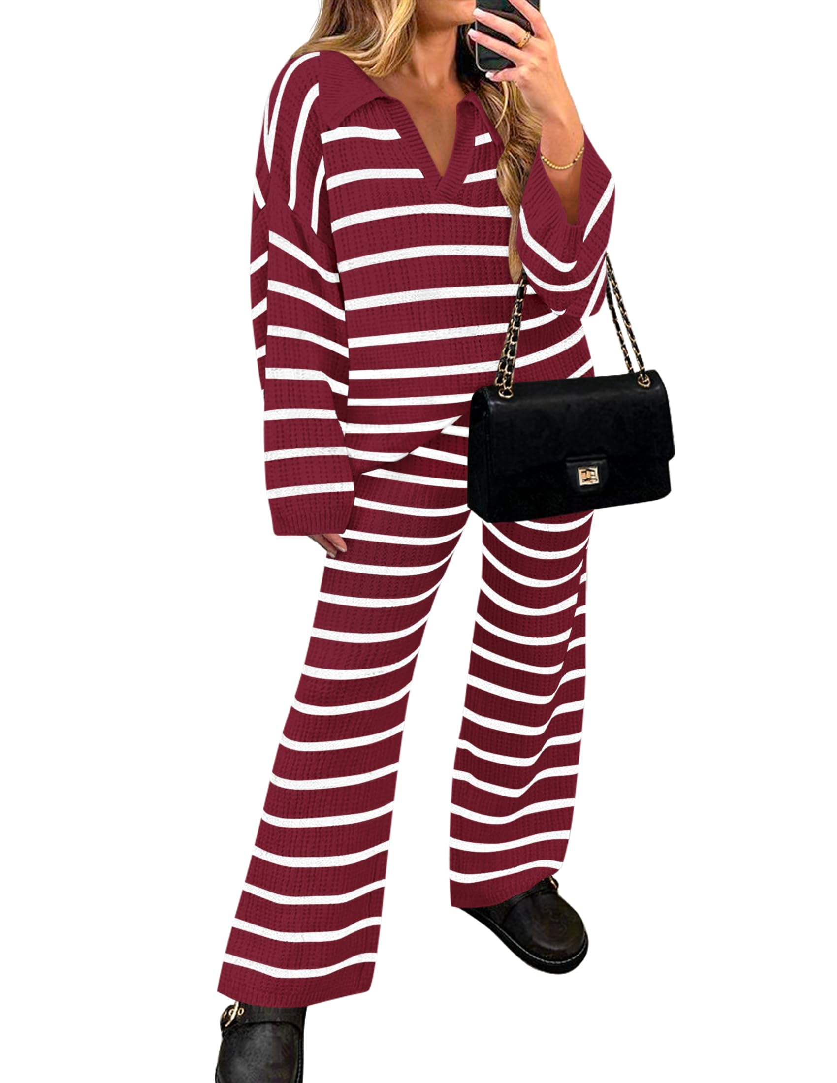 Women's 2 Piece Sets Fall Casual Striped Long Sleeve V Neck Knit Sweater Tops and Wide Leg Pants Lounge Matching Set