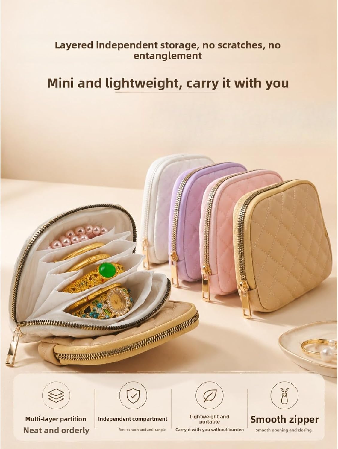 PU Travel Jewelry Bag, Portable Handheld Six‑Layers Jewelry Organizer Case (Quilted PU White, White Lining) image 2