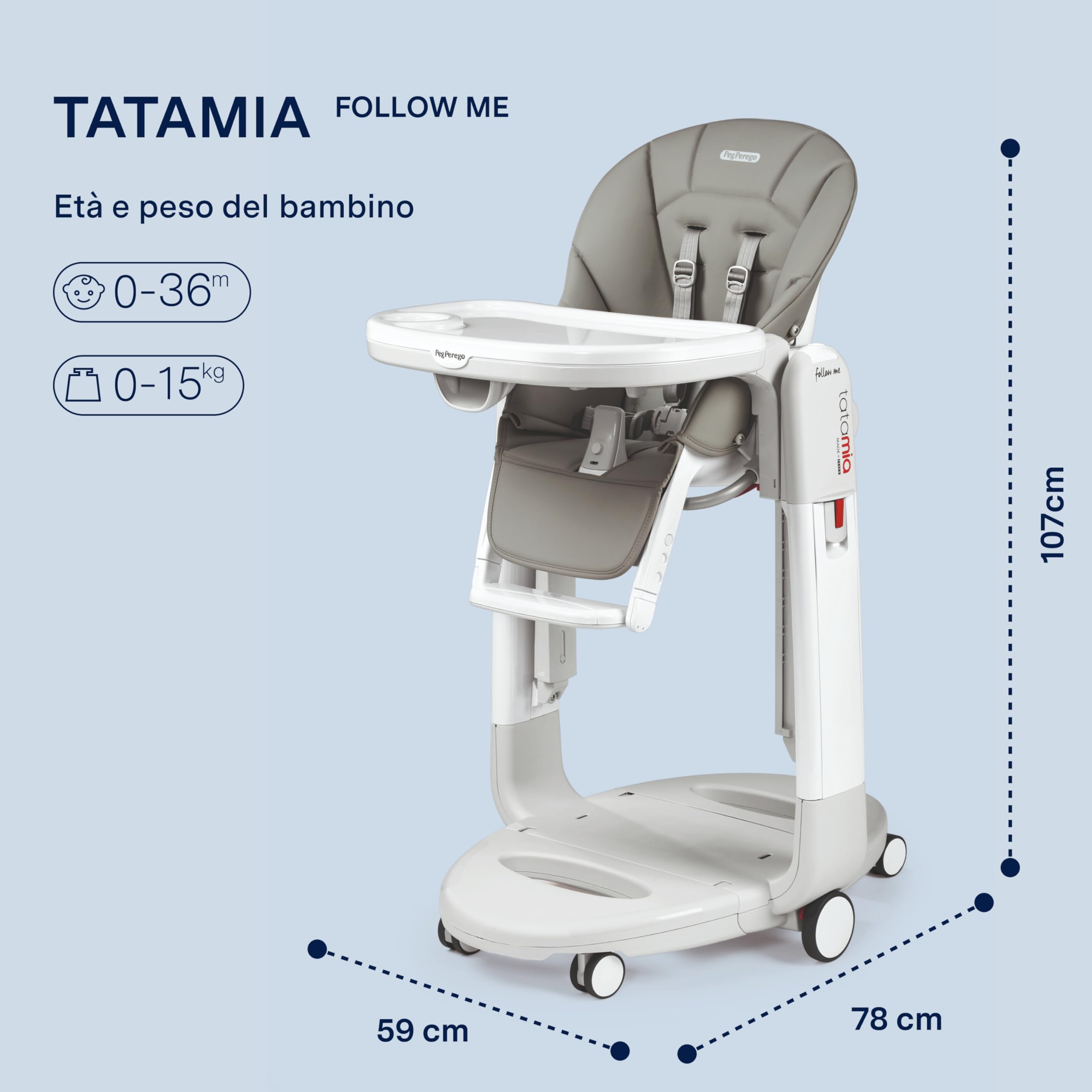 PEG Tatamia Follow Me Seggiolone Pappa 3 in 1 dalla Nascita: Seggiolone, Sdraietta e Dondolo, 9 Altezze, Doppio Vassoio, 6 Ruote, Pieghevole, 0–3 Anni (0–15 kg), Ice