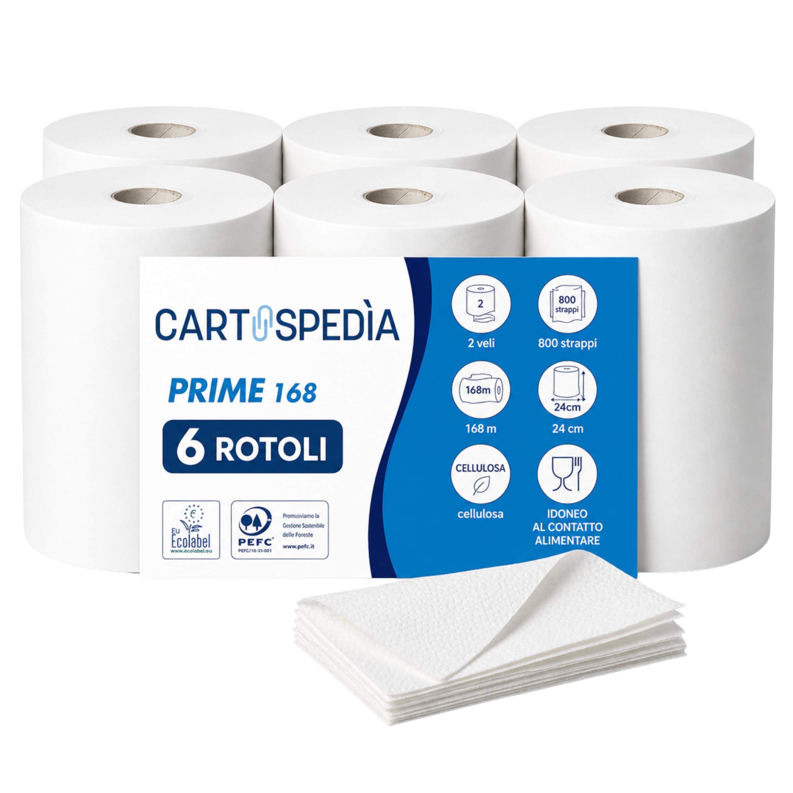 6 Rotoli Carta Cucina da 800 Strappi (168 mt a Rotolo) TOTALE 4800 STRAPPI - Carta ASSORBENTE Multiuso - Rotoloni Asciugatutto 2 Veli in Pura Cellulosa - Idonea con Contatto Alimentare
