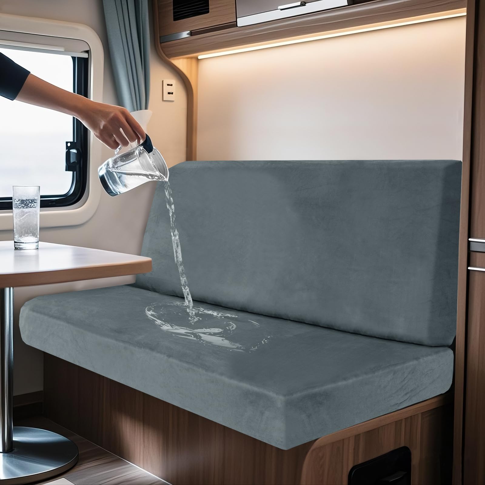 SYLC 2 Piece Waterproof Caravan Seat Covers and Backrest Cover, Non-slip Motorhome Dinette Cushion Covers with Ties, Stretch Campervan Seat Covers Velvet (Grey-blue,Rectangular S)