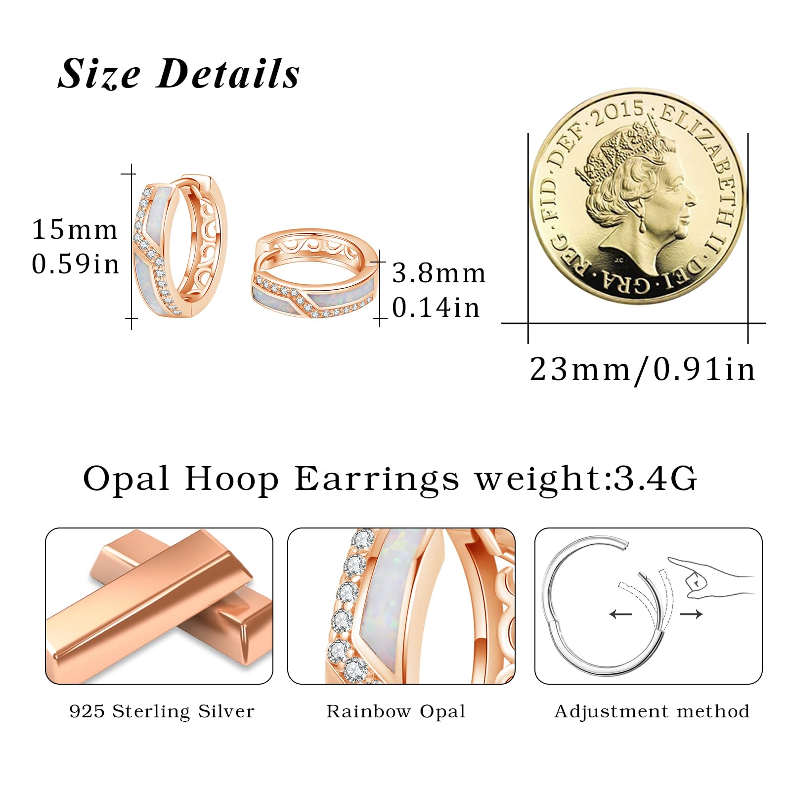 Orecchini da donna in argento sterling 925, con opale, piccoli orecchini a cerchio in argento, con zircone, opale, idea regalo per donne, mogli, ragazze, 15 mm