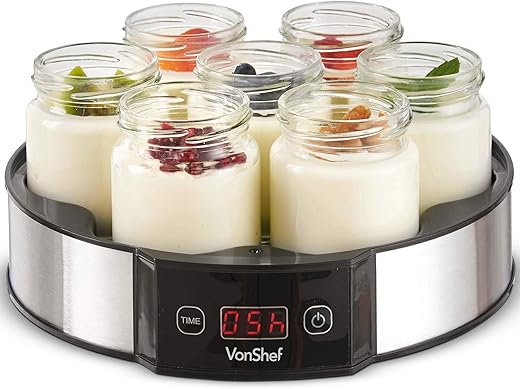 VonShef Digital Yoghurt Maker with 7 Jars – Electric, Compact, Stainless Steel Machine with LED Display & Timer, 180ml Glass Containers / Yoghurt Pots - For Making Fresh, Healthy Homemade Desserts