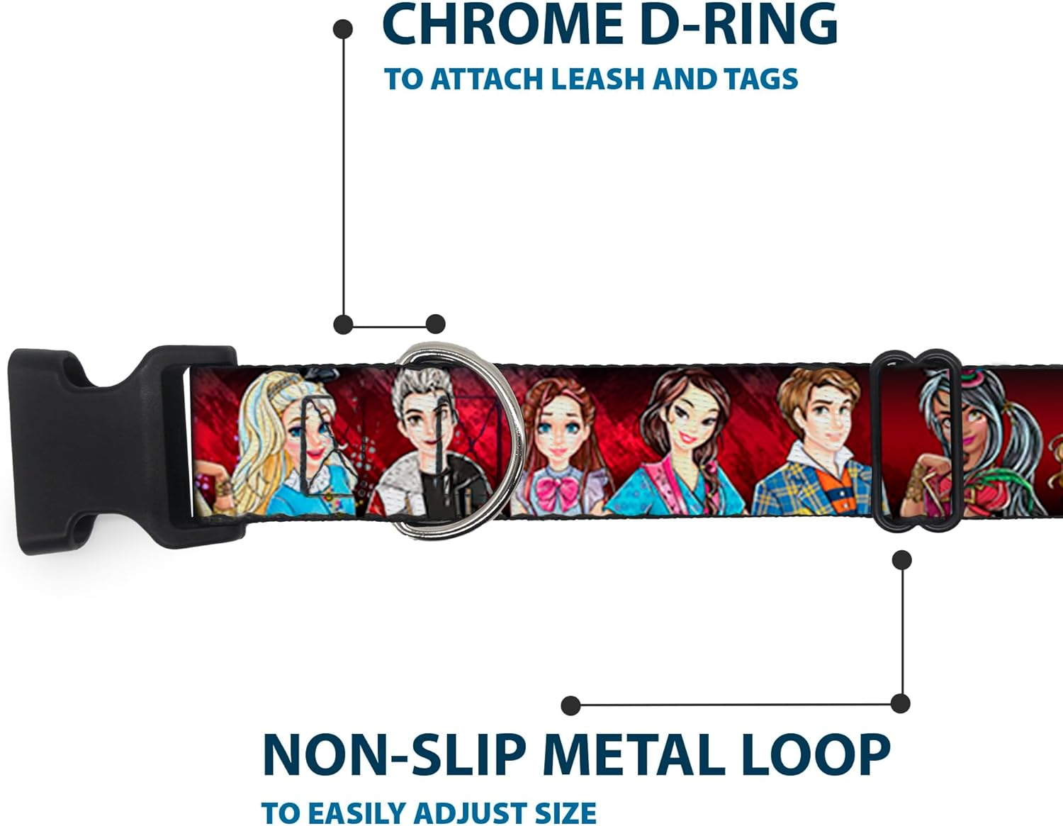 Buckle-Down Plastic Clip Collar - Descendants 11-Character Group Pose Reds/Gray - 1.5" Wide - Fits 16-23" Neck - Medium