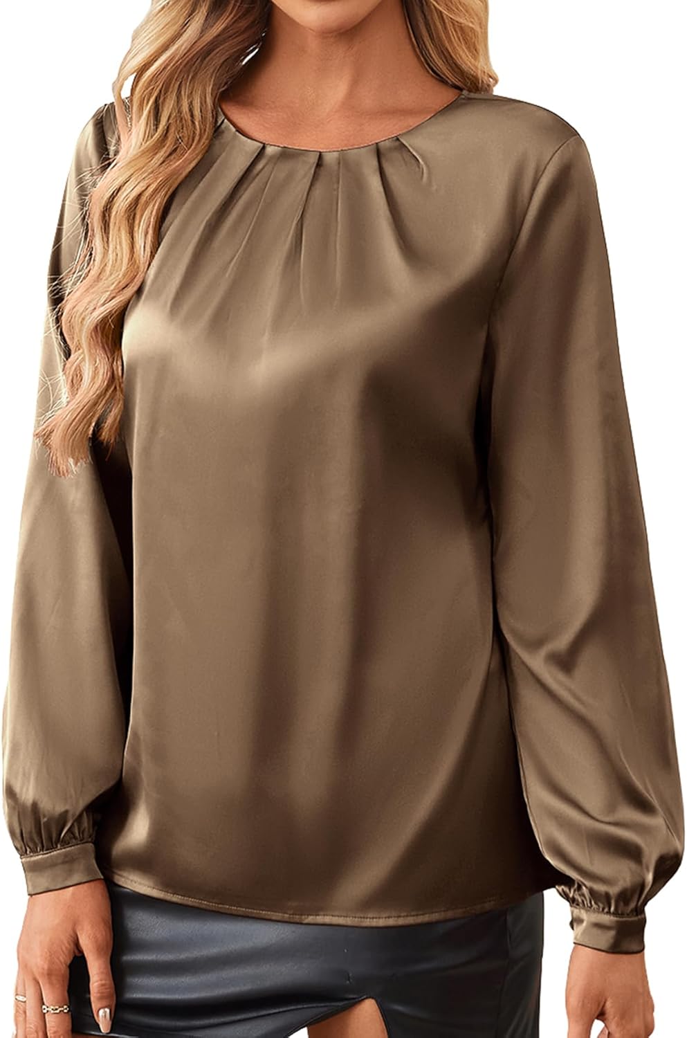 Bluetime Silk Blouses for Women Dressy Work Satin Dress Shirts Pleated Long Sleeve Business Casual Tops Fall Outfits - Image 4