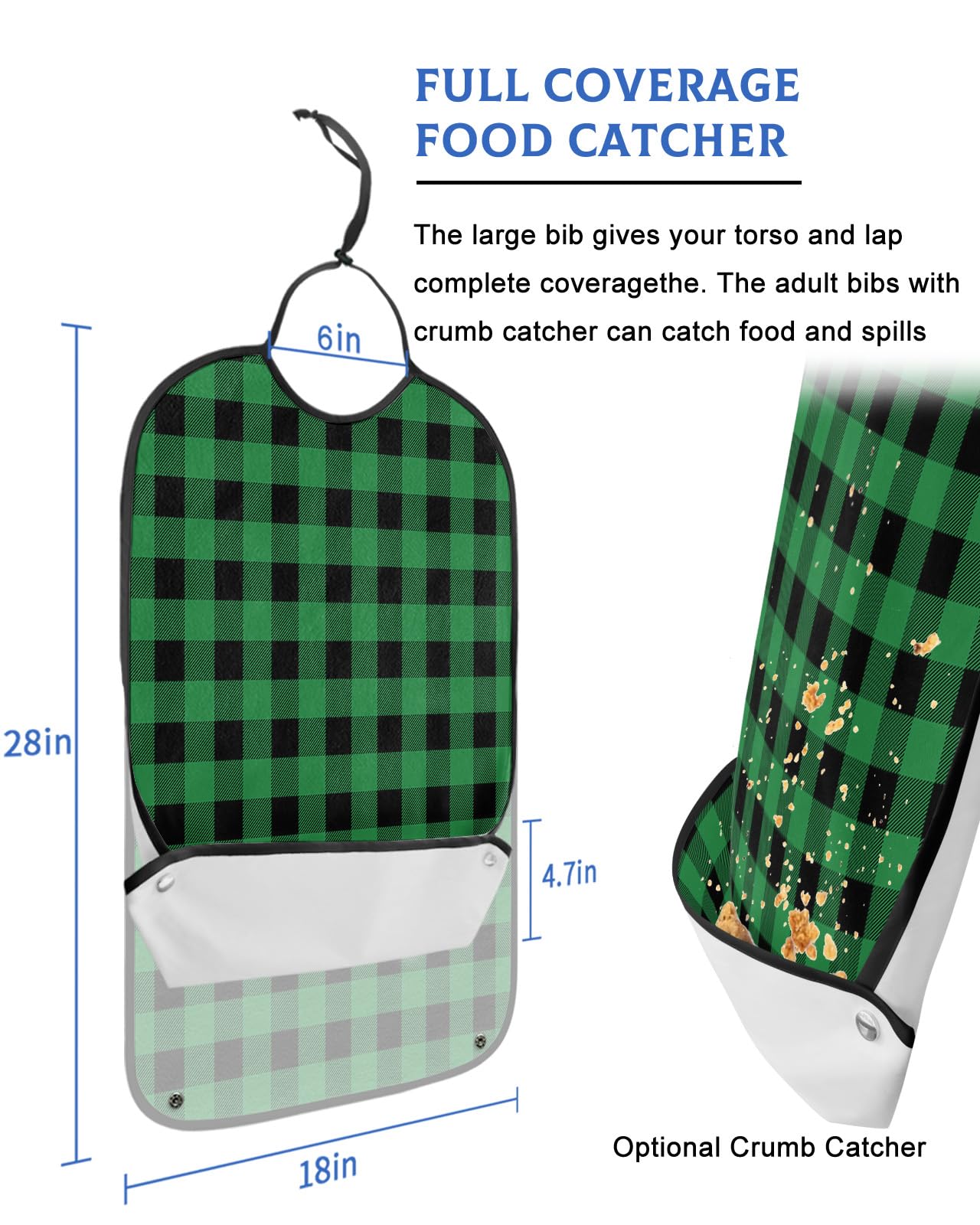 St. Patrick's Day Adult Bibs for Eating, Waterproof Bibs with Food Catcher & Adjustable Snap Closure, Green and Black Buffalo Plaid Washable Clothing Protectors Adult Bibs for Elderly Women/Men