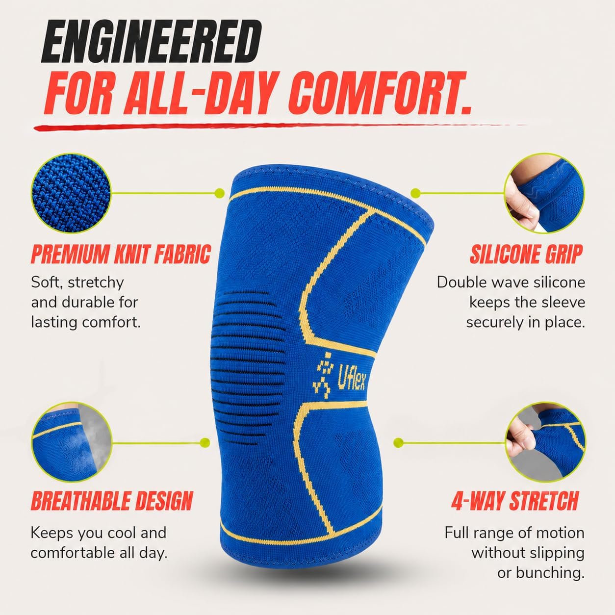 UFlex Athletics Knee Brace Sleeve Men & Women (SGL/XL:21.5"-24"/Blue Gold)