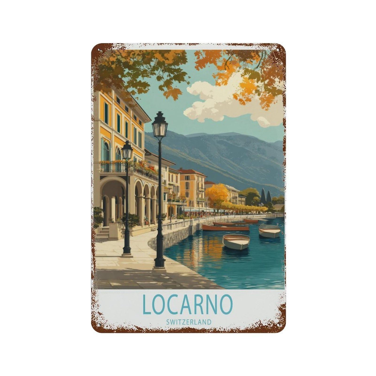 xiaoxiaoshen Locarno Lakeside Scene, European Travel Switzerland Wall Decor Art Metal Tin Poster Modern Home Decor Art Home Bar Shop Decorations Vintage Sign 30x20cm