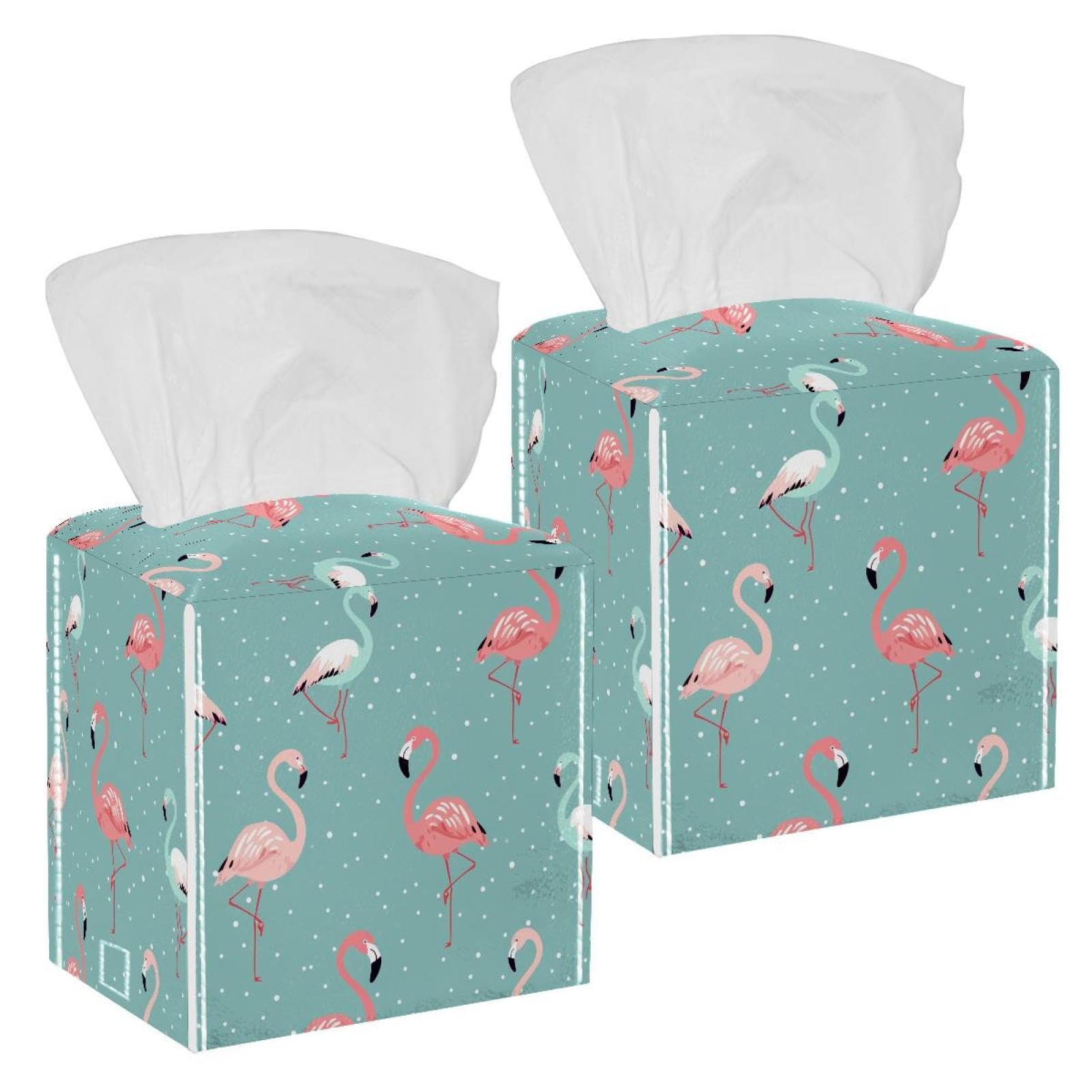 Flamingo Tissue Box Cover, 2 Pack PU Leather Square Facial Tissue Dispenser Box holder for Home Office Car