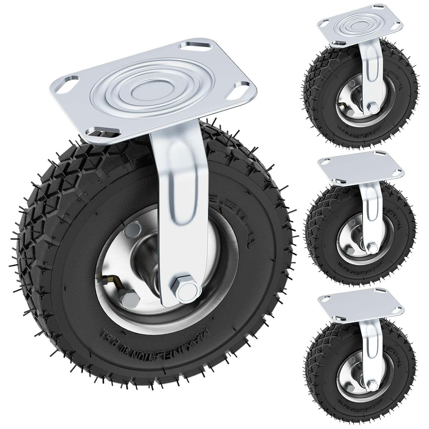 8 Inch Pneumatic Caster Wheels Set of 4 (2 Swivel/2 Rigid),Heavy Duty Casters,Tolerable 880 LBS,Rubber Knobby Tread for Workbench, Cart, Trolley,Wagon and Shelves