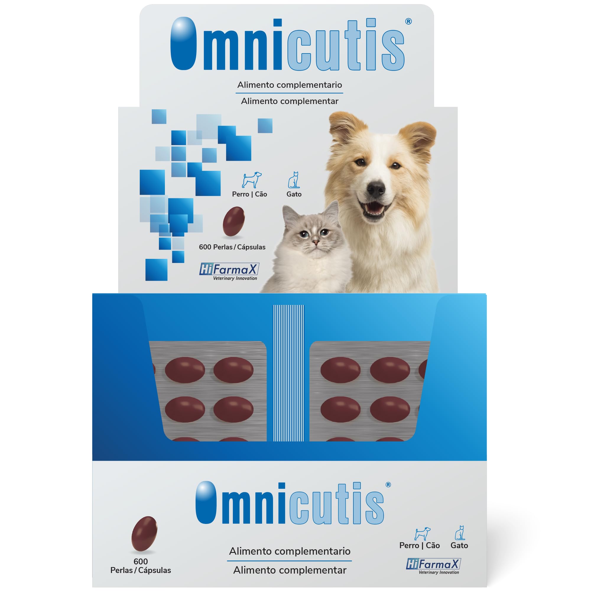 Omnicutis Hifarmax - Suplemento con Vitaminas, Zinc y Omega 3 para Perros y Gatos | Anticaída de Pelo, Alivio de Picor, Cuidado de la Piel y Pelo Brillante | Vitaminas para Perros y Gatos | 600 Perlas