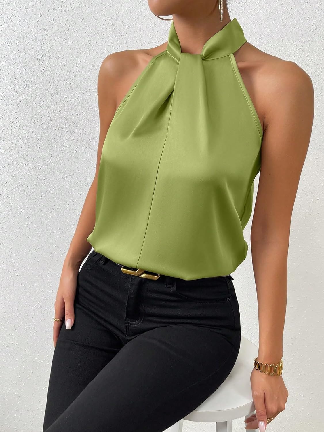 SweatyRocks Womens Elegant Twist Front Halter Sleeveless Satin Blouse Keyhole Back Tank Top - Image 5