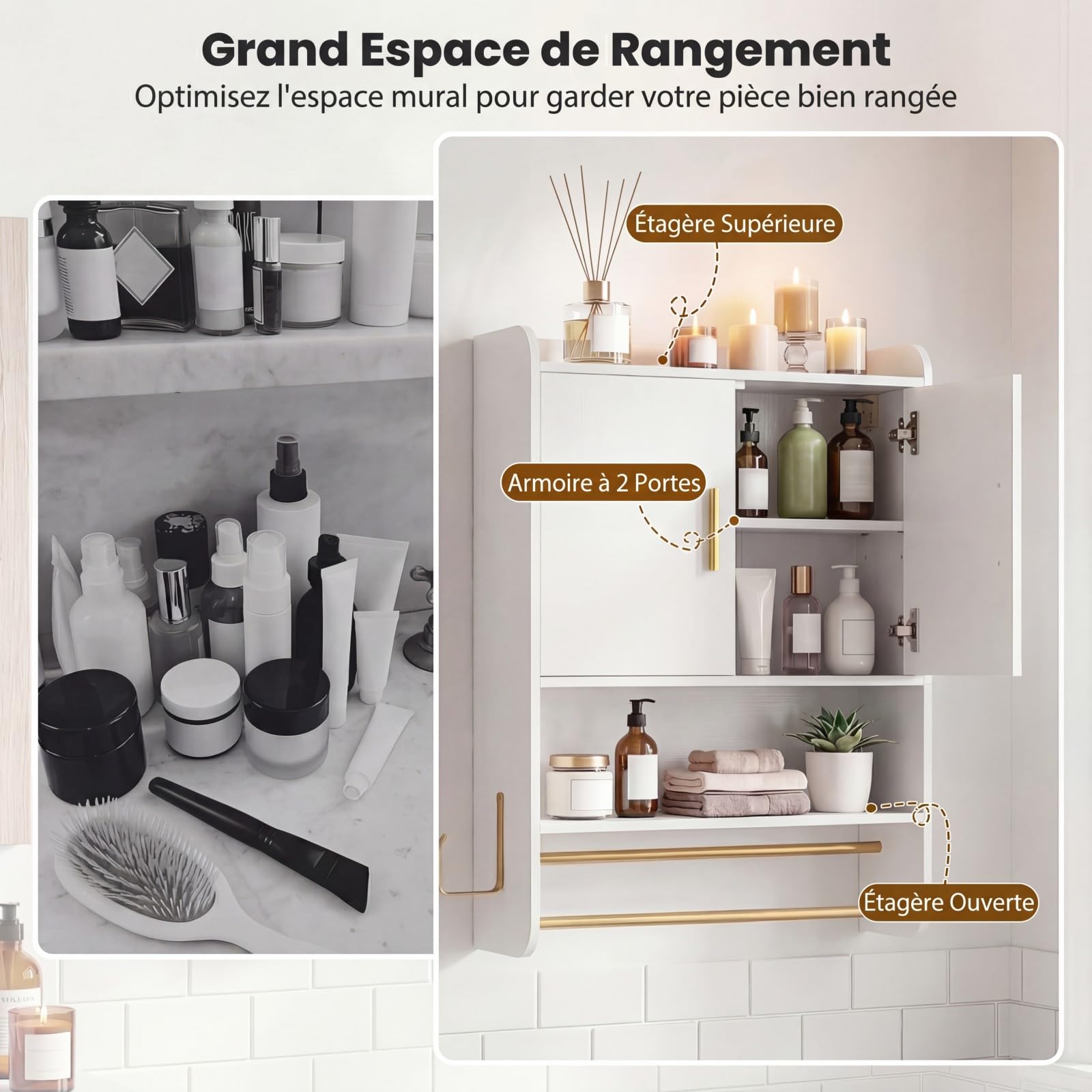 COSTWAY Armoire Murale Salle de Bain avec 2 Portes, Étagères Réglable et Amovible, Compartiment Ouvert, Meuble WC Suspendu avec 2 Porte-Serviettes, Crochet, 55 x 20 x 80 cm (Blanc)