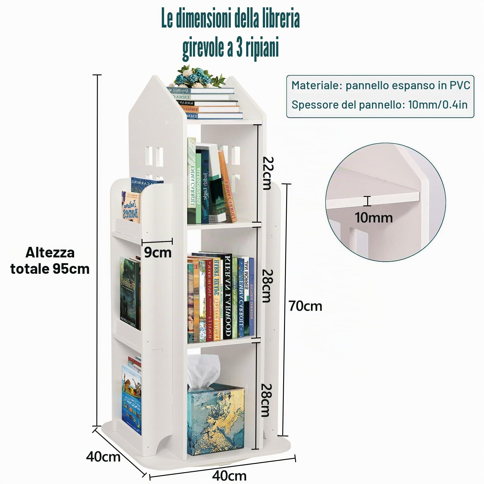 uyoyous Libreria girevole a 3 livelli, scaffale per libri per bambini, girevole a 360°, organizzatore per bambini, visualizzazione a pavimento, scaffale per stanza, bianco (37 x 16 x 16 cm), DEW10