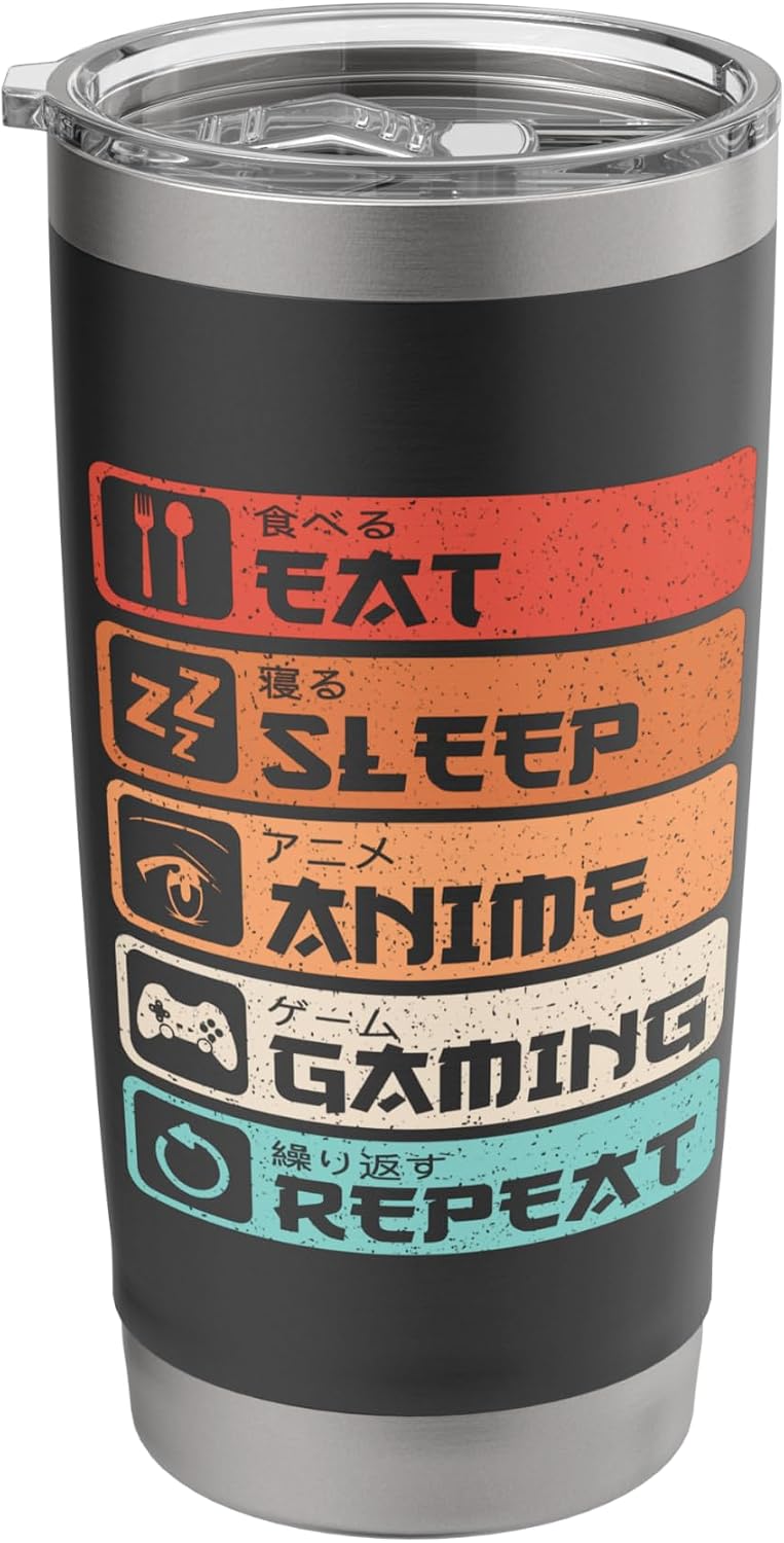 Eat Sleep Anime Gaming Repeat Otaku Manga Men Boys Retro Stainless Steel Insulated Tumbler