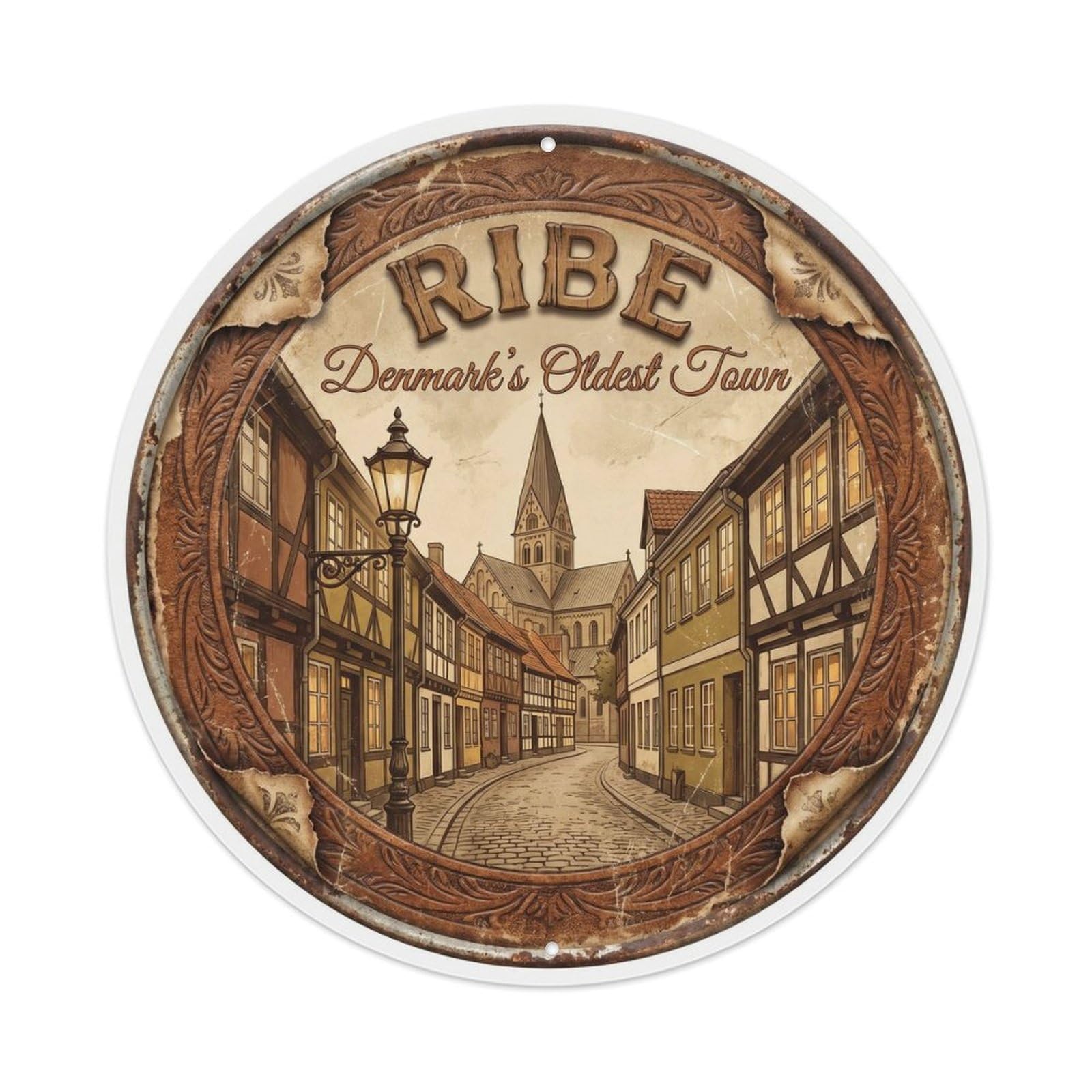 Vintage Travel Ribe Denmark Metal Tin Sign Plaque Wall Decor for Cafe, Club Bar, Office, Home Garden Round Metal Poster 8x8Inch
