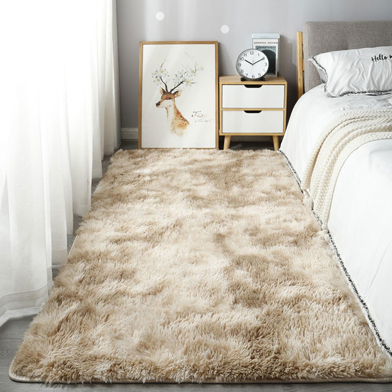 Tapis de salon kaki 265x295 cm - Grand tapis shaggy lavable et antidérapant pour chambre