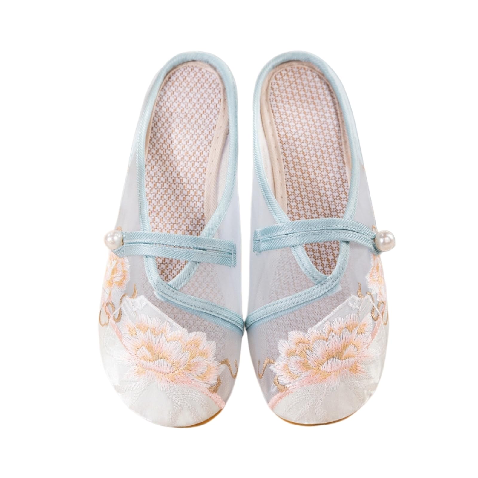 Gyios Women's Blue Clogs & Mules Floral Embroidery Mesh Mule Slippers, Slip-On Strap Flat Rubber Shoes For Dresses Pants Daily Wear-41