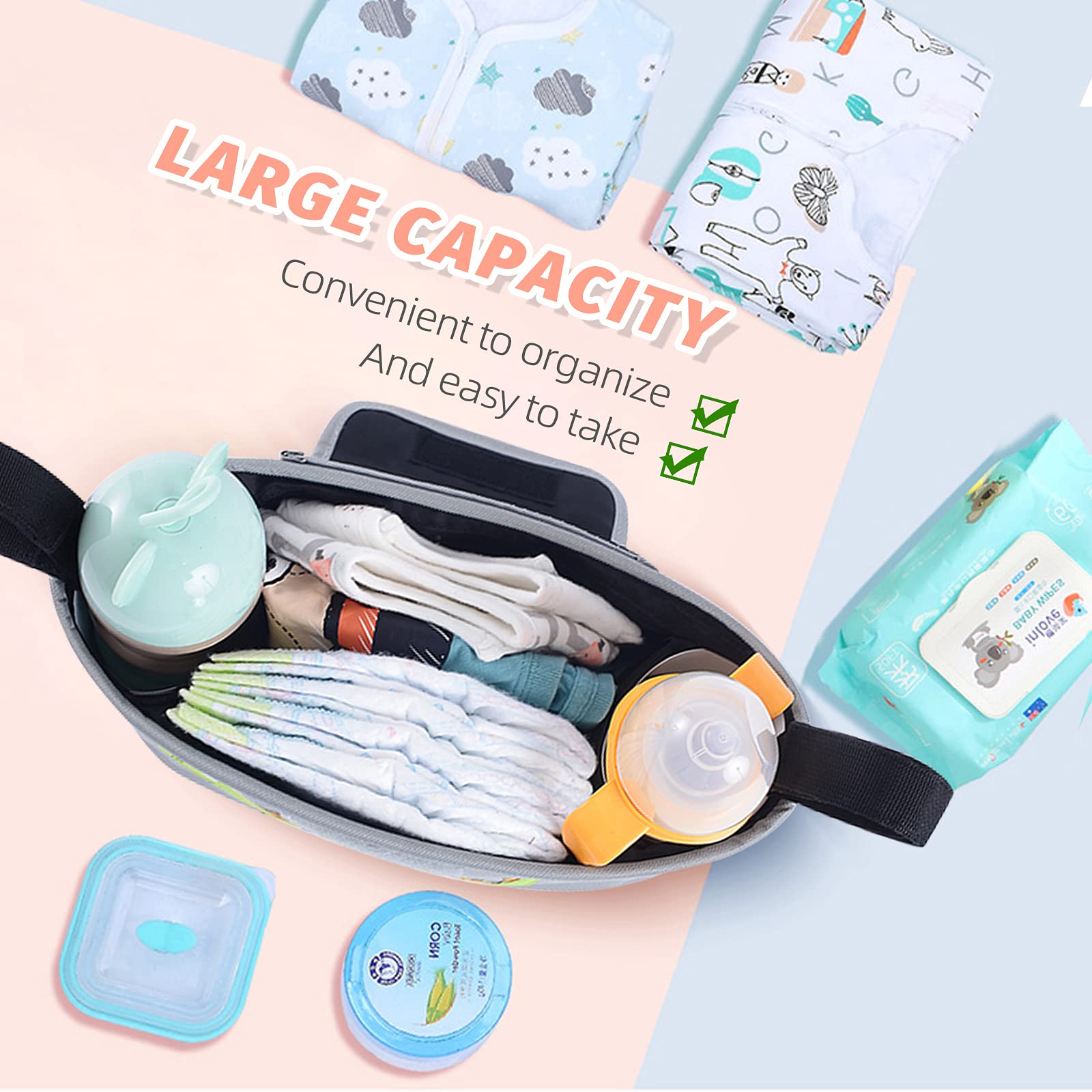 Borsa per Passeggino Universale Portaoggetti con Tracolla,Neonati Borsa Organizer,Portaoggetti Impermeabile Con Cerniera,Tasche di Design per la raccolta di Salviette, Pannoli, Merenda