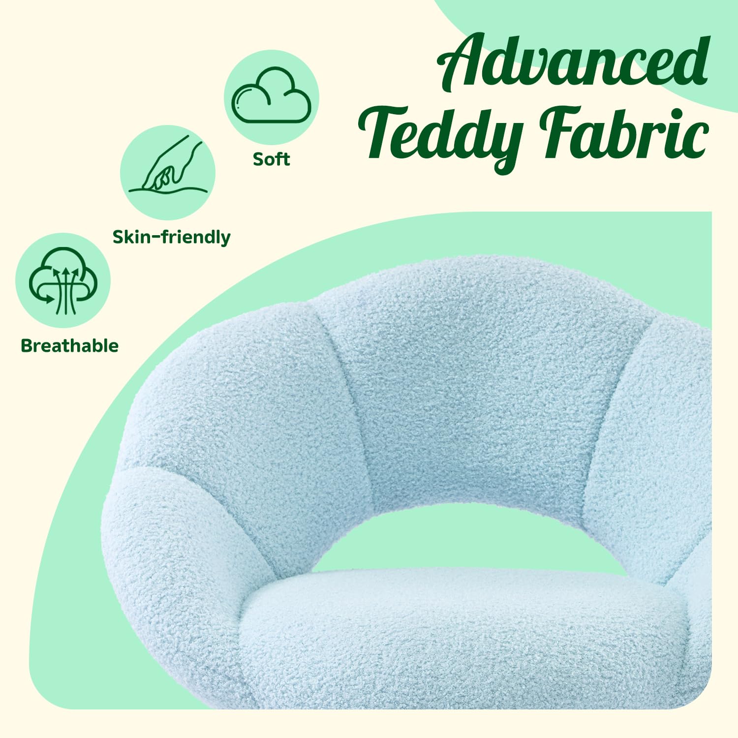 Sedia da toeletta in tessuto Teddy, poltrona relax a forma di fiore, gambe bianche, poltrona con imbottitura di lusso per soggiorno, camera da letto, balcone, studio (azzurro)