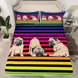 Manfei Cute Pug Dog Print Fitted Sheet Twin,Rainbow Stripes Bed Cover Kawaii Animals Bedding Set 2pcs for Kids Teens Boys Girls Room Decor,Soft Bed Sheets with 1 Pillowcase