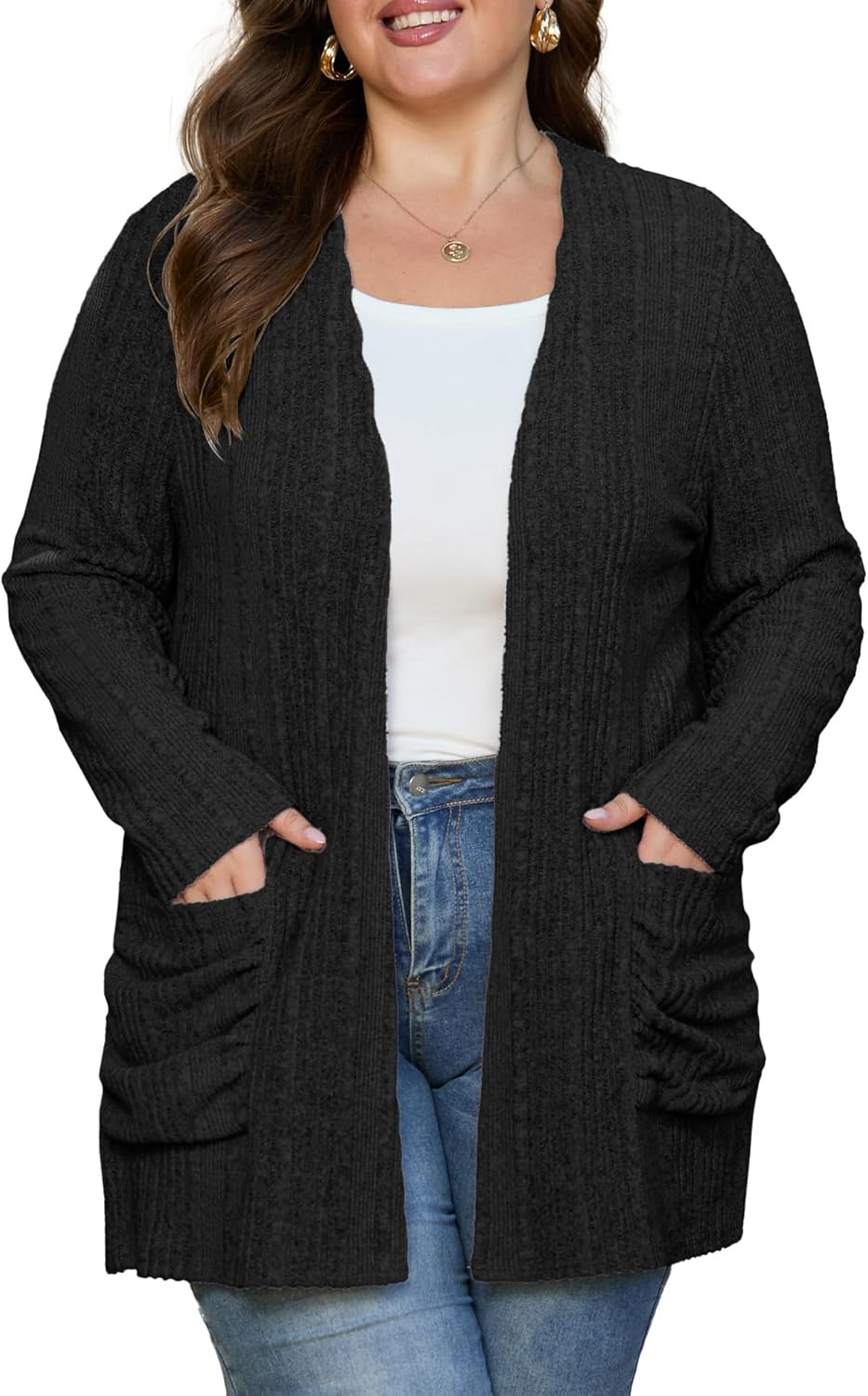 OLRIK Women Plus Size Cardigan Lightweight Knit Sweater Open Front Long Sleeve Stretchy with Pocket Fall Winter Outfits