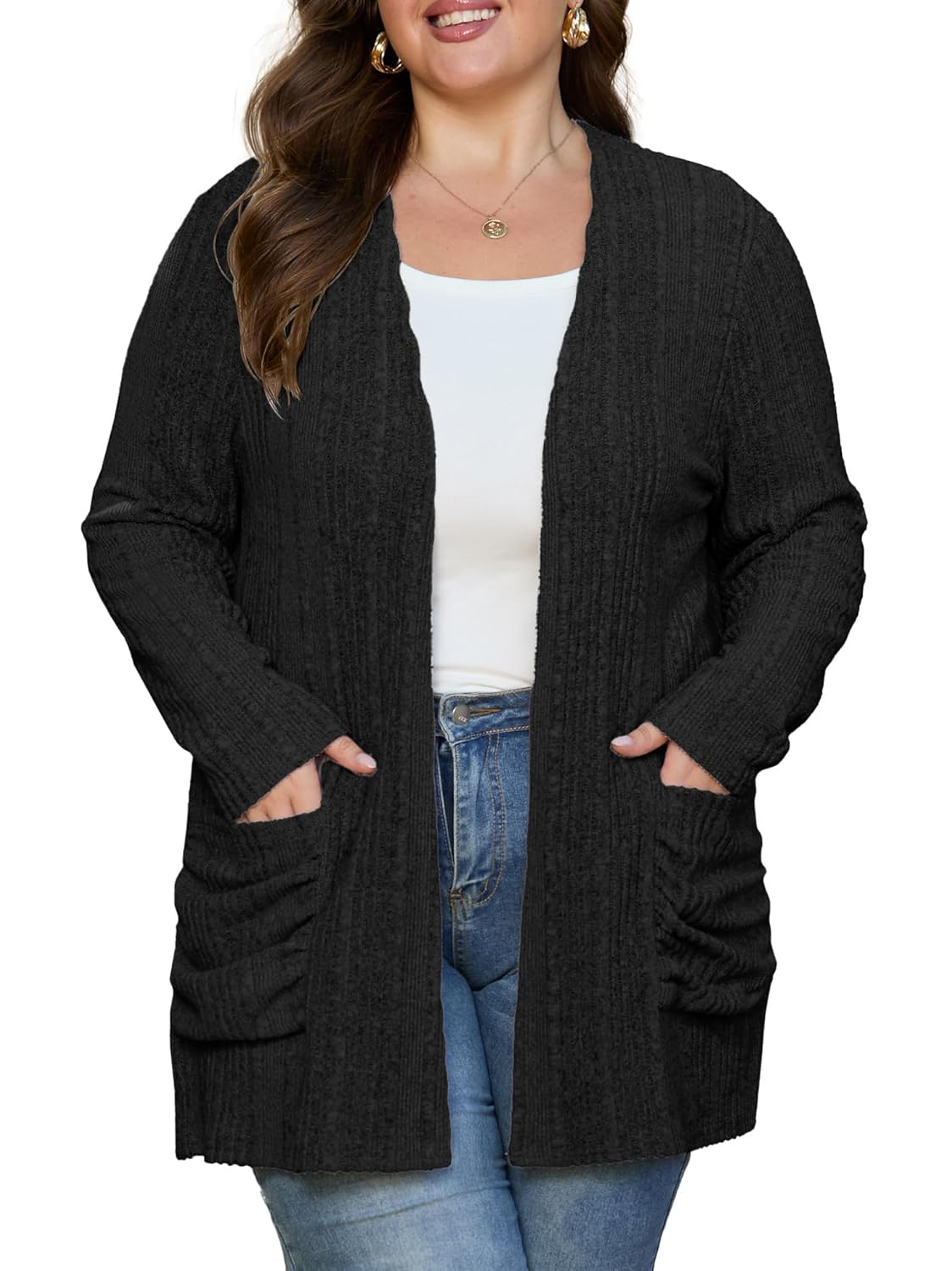 OLRIK Women Plus Size Cardigan Lightweight Knit Sweater Open Front Long Sleeve Stretchy with Pocket Fall Winter Outfits