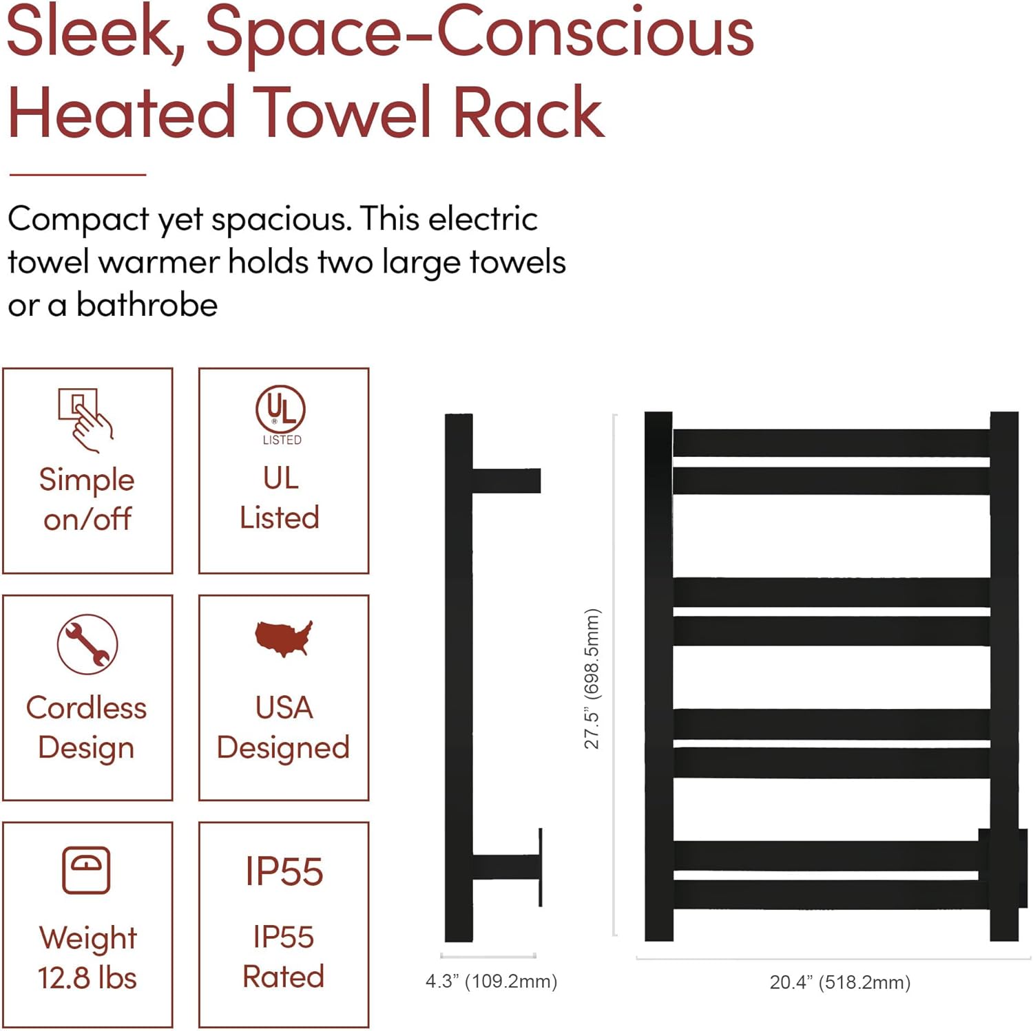 WarmlyYours Heated Towel Warmer Rack, 8-Bar, Hardwired, Integrated On/Off Switch with Light, 304-Stainless Steel (Maple)