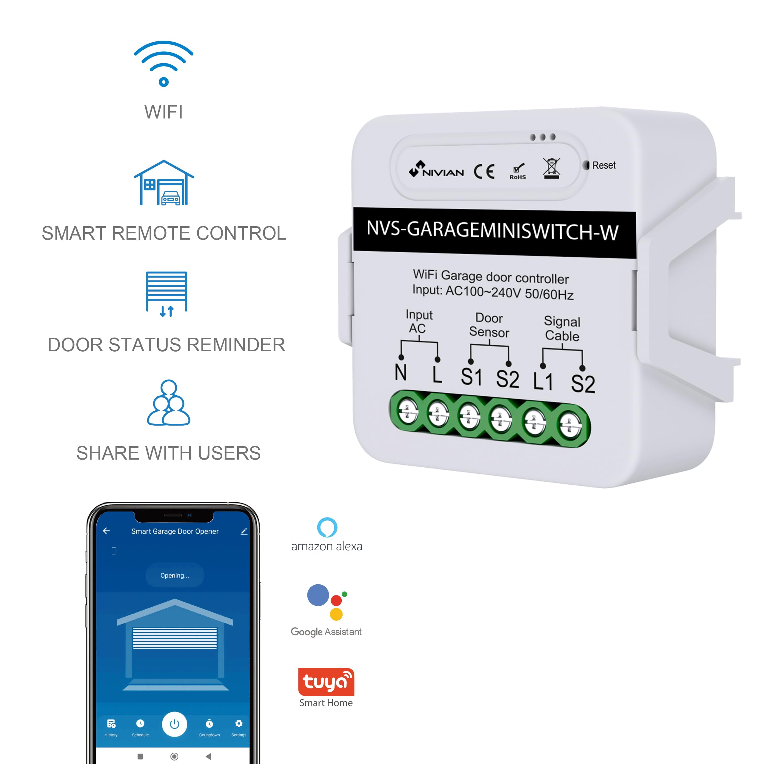 NIVIAN Contrôleur WiFi pour moteur de porte de garage Contrôle à distance par App Tuya/SmartLife Programmation Horaire, Minuterie et Scènes Intelligentes Compatible avec Alexa et Google