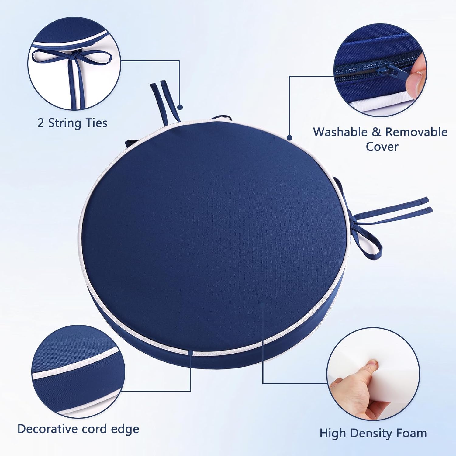 Outdoor Diameter 12 Inch Round Bistro Chair Cushion, Waterproof & Fade-Resistant Circular Seat Pad with Ties for Patio Furniture，Set of 2,Blue