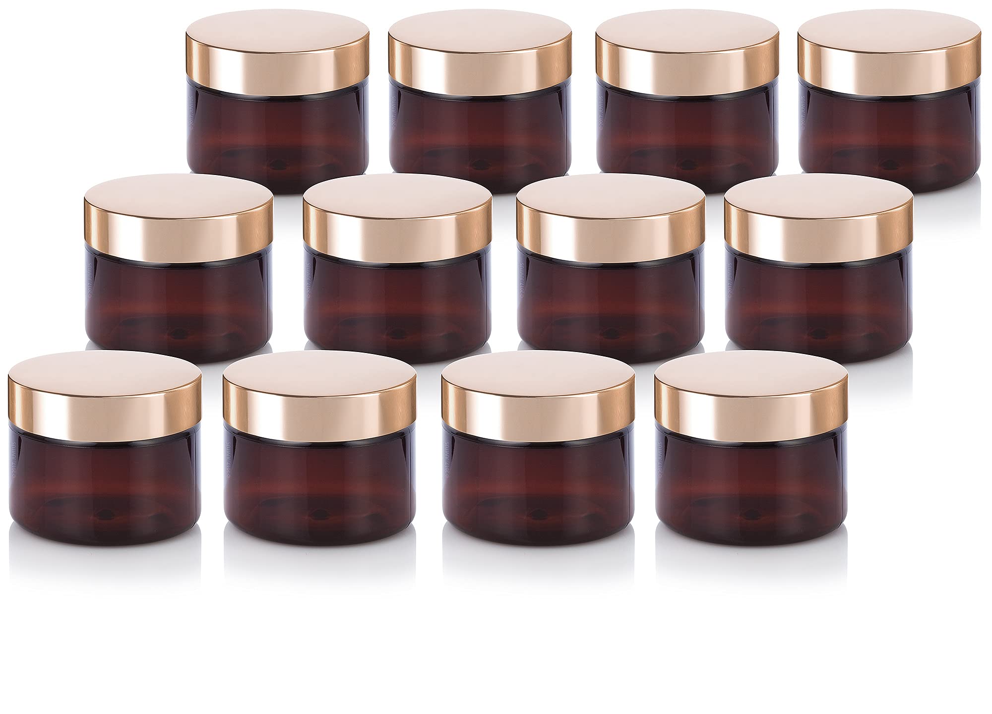 JUVITUSAmber PET Plastic (BPA Free) Refillable Jar with Gold Metal Overshell Lid - 3 oz (12 Pack)