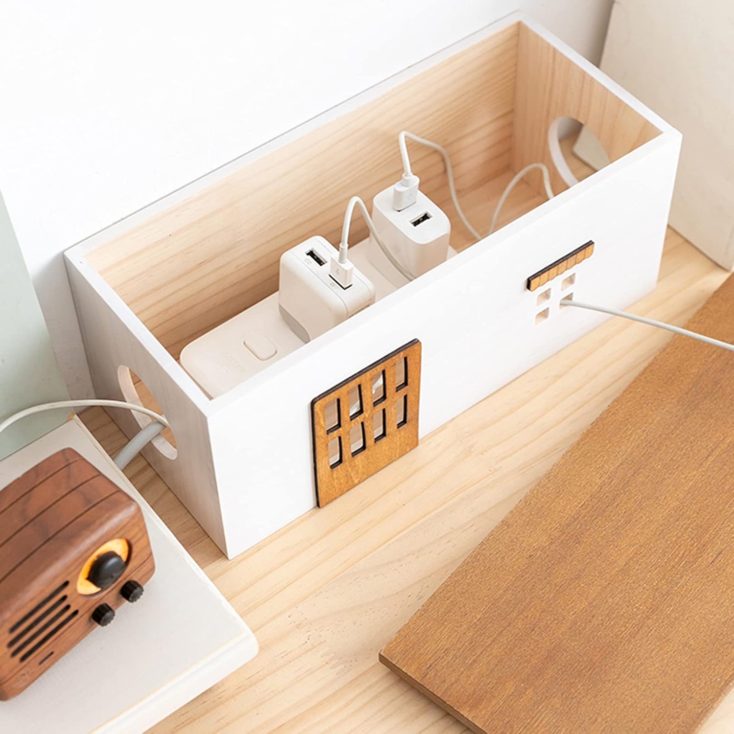 Cute Cable Tidy Box Wooden Wire Management Socket Case Cable Organizer Box to Hide Wires and Power Strips Cable Organizer for Home Office Cable Cords Organizer Boxes