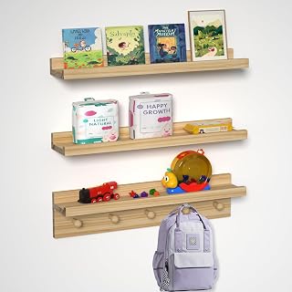 Unfinished Nursery Book Shelves Floating Picture Ledge 24 Inch Set of 3 | Wall Mounted Natural Pine Wood with Hooks for Bedroom Kids Room Living Room Kitchen Bathroom Decor and Storage