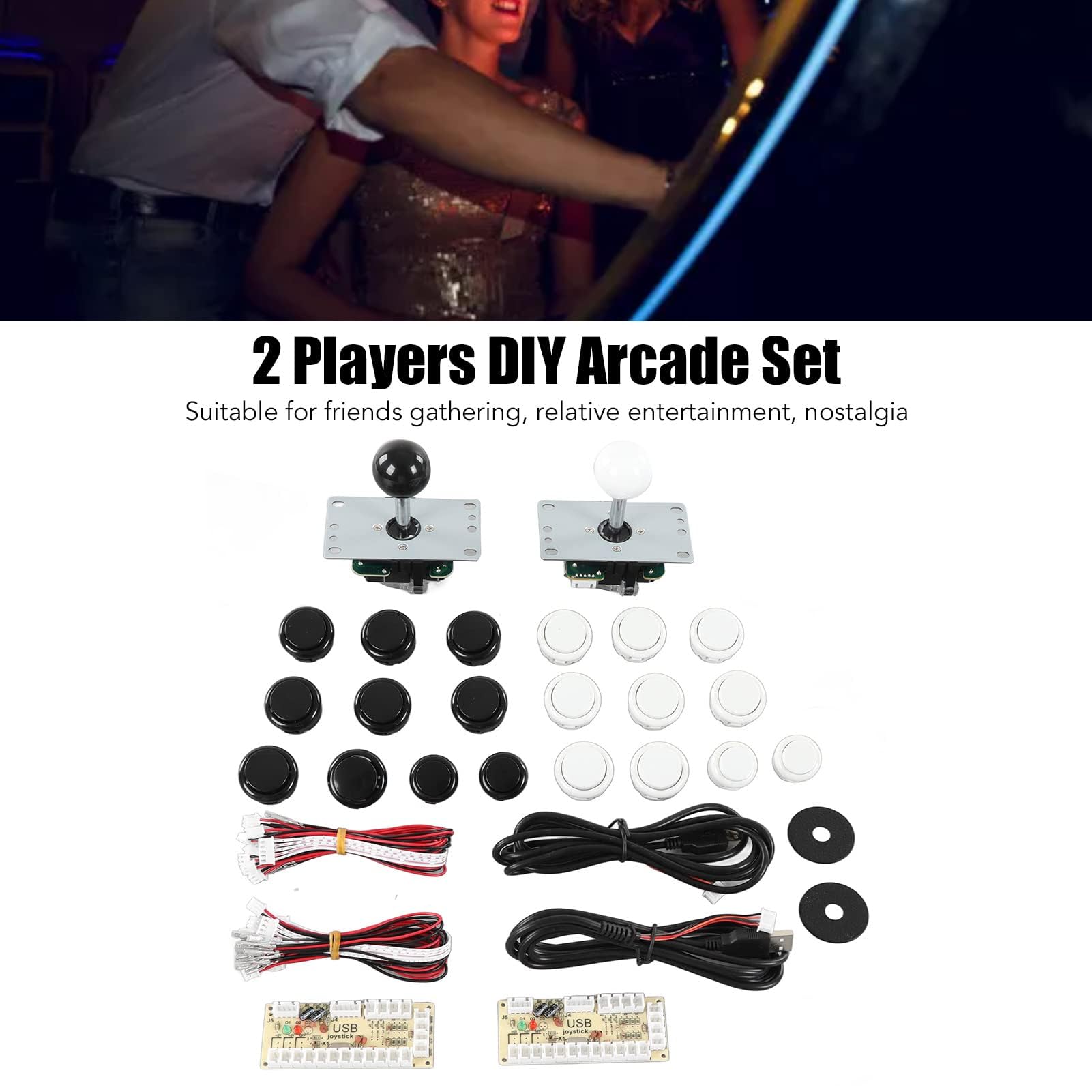 HERCHR 2 Giocatori Giochi Arcade Fai-da-Te Encoder Joystick Pulsanti Arcade Set 2 Maniglie Joystick Ovali Ellipse 20 Pulsanti Arcade(Nero+Bianco)