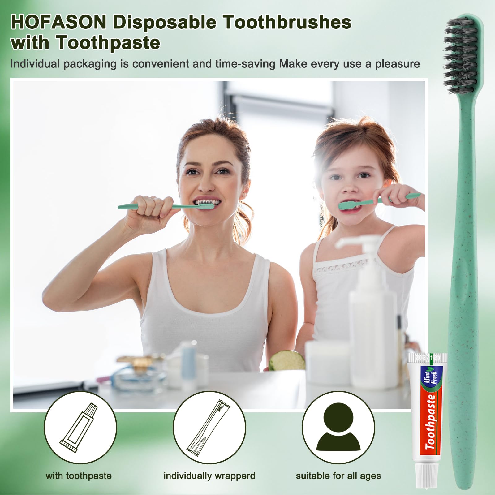 HOFASON - Juego de 300 cepillos de dientes desechables con pasta de dientes, paquete individual, kit de pasta de dientes para personas sin hogar, iglesia, hotel